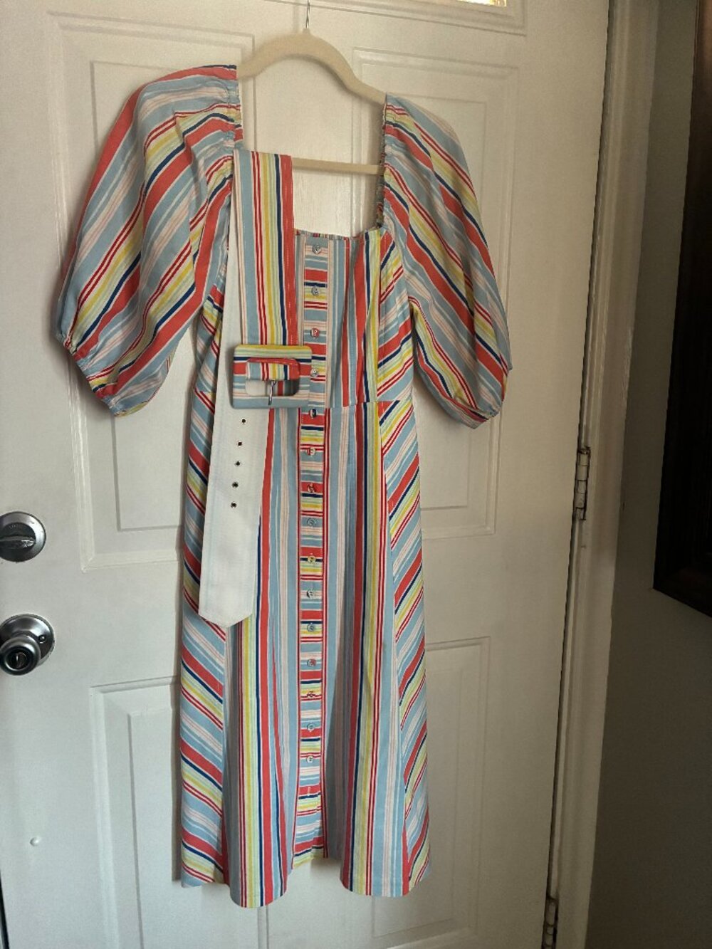 Tanya Taylor Claude Rainbow Striped Belted Midi Dress